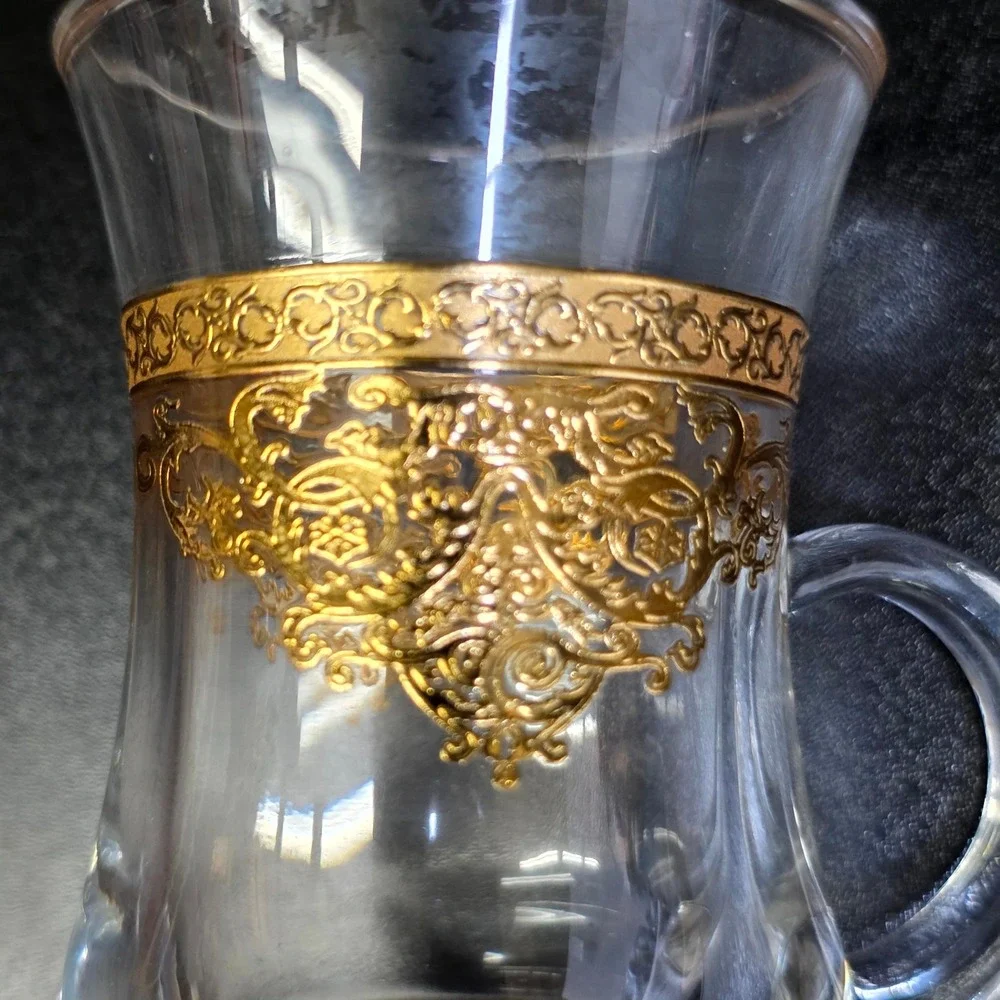 Art Glass Teacups Set of 6 Clear Gold Filigree Turkish Style Small Mugs Gift Box